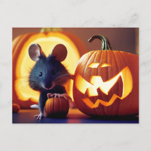 Happy Halloween. Kleine  niedliche Maus mit Kürbis Postkarte