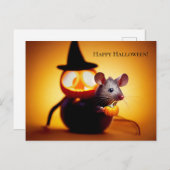 Happy Halloween. Kleine niedliche Maus mit Kürbis Postkarte (Vorne/Hinten)