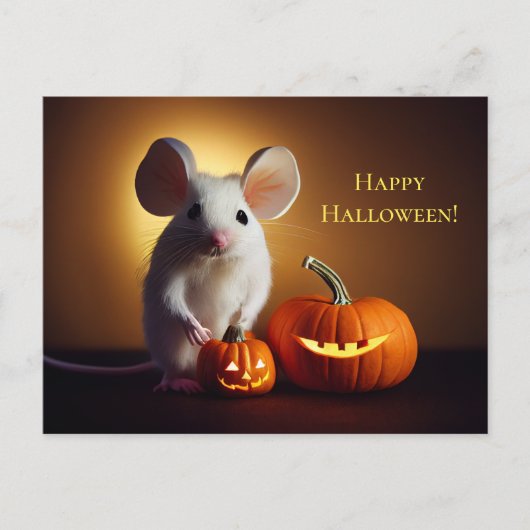 Happy Halloween. Kleine niedliche Maus mit Kürbis Postkarte (Vorderseite)