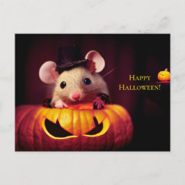  Happy Halloween. Kleine niedliche Maus mit Kürbis Postkarte
