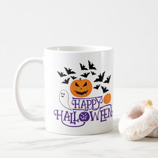 Happy Halloween Kürbis Gespenst Fledermäuse lila T Kaffeetasse (Mit Donut)