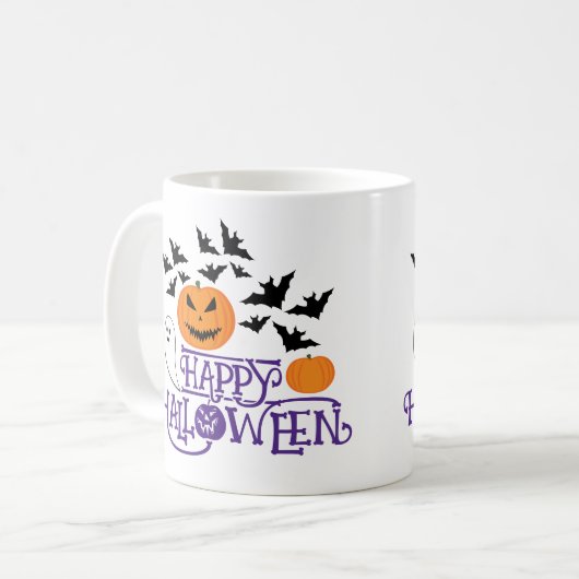 Happy Halloween Kürbis Gespenst Fledermäuse lila T Kaffeetasse (Vorderseite Links)