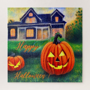 Happy Halloween - Kürbis vor einem Haus Puzzle