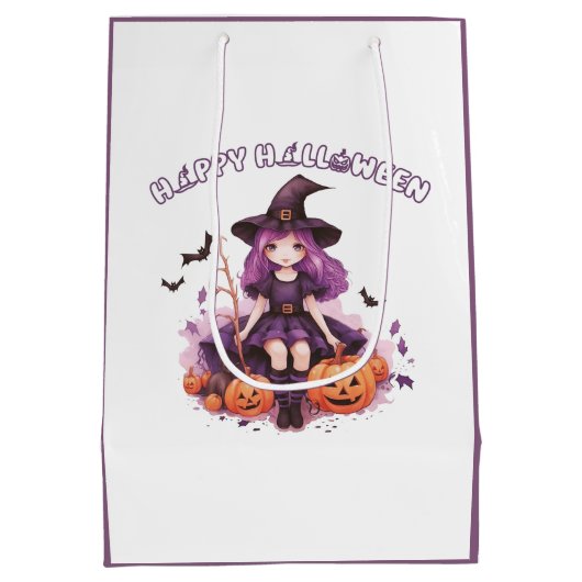 Happy Halloween Lila Hexenkürbis & Fledermäuse Mittlere Geschenktüte (Rückseite)