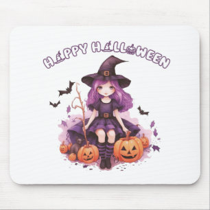 Happy Halloween Lila Hexenkürbis & Fledermäuse Mousepad