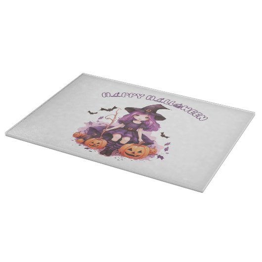 Happy Halloween Lila Hexenkürbis & Fledermäuse Schneidebrett (Ecke)