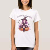 Happy Halloween Lila Hexenkürbis & Fledermäuse T-Shirt (Vorderseite)