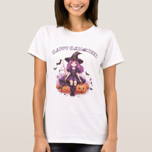 Happy Halloween Lila Hexenkürbis & Fledermäuse T-Shirt