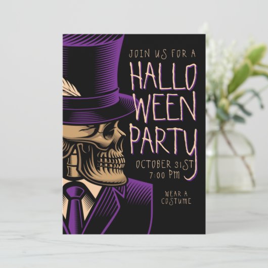 Happy Halloween | Lila Mode Skeleton Einladung (Stehend Vorderseite)