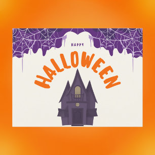 Happy Halloween Lila Spuk House Spider Web Feiertagspostkarte