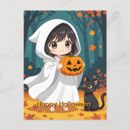 Happy Halloween Little Girl Ghost und Black Cat Feiertagspostkarte
