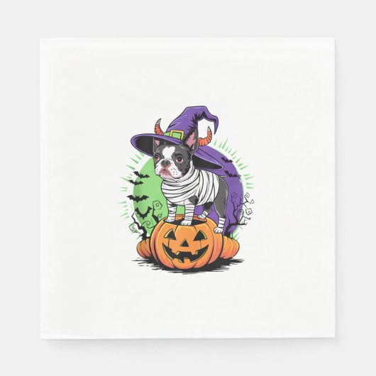 Happy Halloween mit Boston Terrier Mummy & Hexe Serviette (Vorderseite)