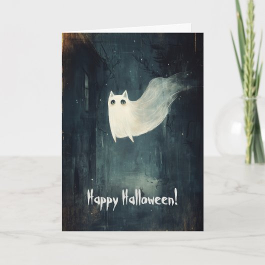 Happy Halloween mit Ghost Cat Flying Dankeskarte (Vorderseite)
