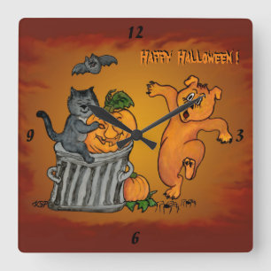 Happy Halloween mit Katzen-Katzen-Hund und Spider Quadratische Wanduhr
