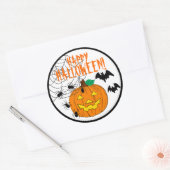 Happy Halloween mit Kürbisspinnen und Fledermäusen Runder Aufkleber (Umschlag)
