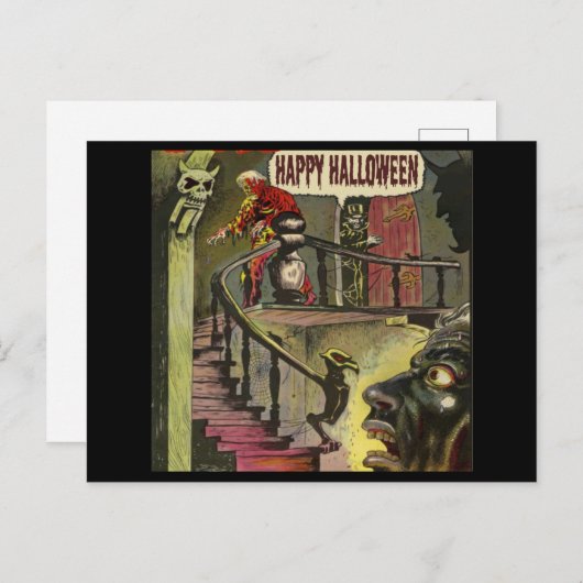 Happy Halloween mit Spuk Haus und Geist Postkarte (Vorne/Hinten)