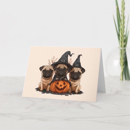 Happy Halloween Mops Kürbislaternen Feiertagskarte (Vorderseite)
