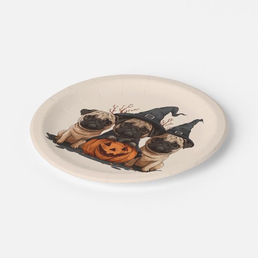 Happy Halloween Mops Kürbislaternen Pappteller (Schrägansicht)