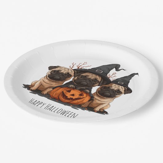 Happy Halloween Mops Kürbislaternen Pappteller (Schrägansicht)