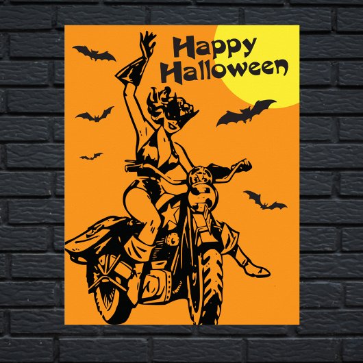 Happy Halloween Motorrad-Frau Katzenkostüm Poster