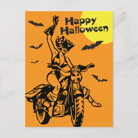 Happy Halloween Motorradfrau in Katzenkostüm Postkarte (Vorderseite)