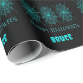 Happy Halloween Neon Blue Spiderweb schwarz Geschenkpapier (Rolleneckpunkt)
