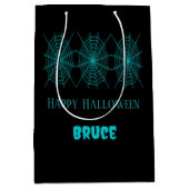 Happy Halloween Neon Blue Spiderweb schwarz Mittlere Geschenktüte (Vorderseite)