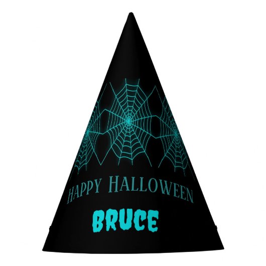 Happy Halloween Neon Blue Spiderweb schwarz Partyhütchen (Vorderseite)