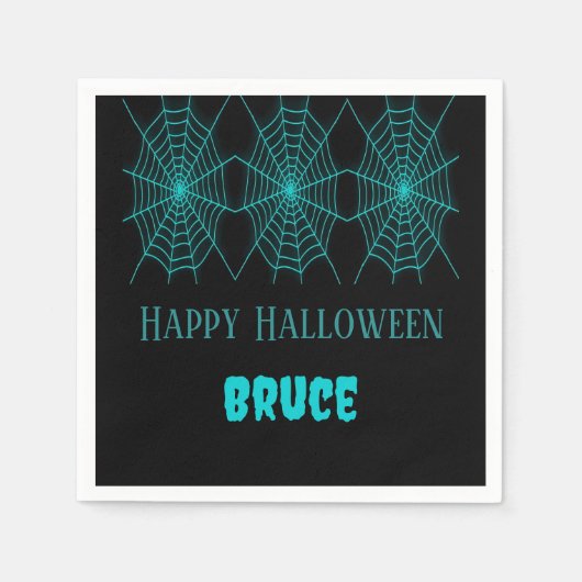 Happy Halloween Neon Blue Spiderweb schwarz Serviette (Vorderseite)