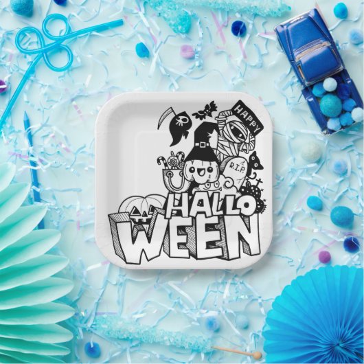 Happy Halloween Niedlich Doodle Pumpkin Cat Mummy Pappteller (Party)