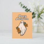 Happy Halloween Niedlich Ghost mit Blume Postkarte (Stehend Vorderseite)