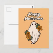 Happy Halloween Niedlich Ghost mit Blume Postkarte (Vorne/Hinten)