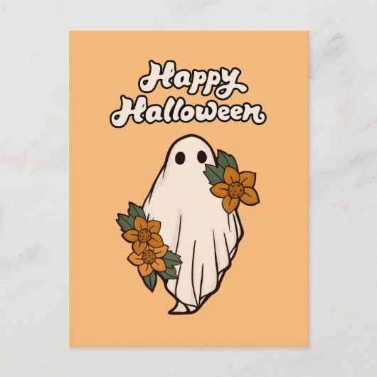Happy Halloween Niedlich Ghost mit Blume Postkarte (Vorderseite)
