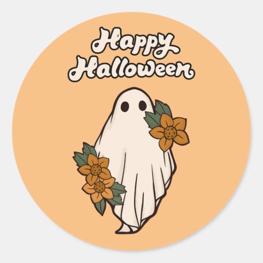 Happy Halloween Niedlich Ghost mit Blume Runder Aufkleber (Vorderseite)