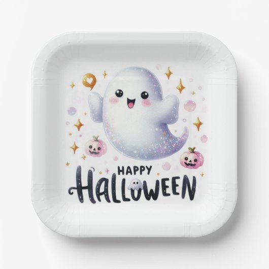 Happy Halloween Niedlich Ghost und Pumpkins Pappteller (Vorderseite)