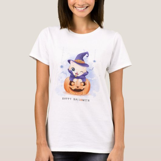 Happy Halloween Niedlich Hexe Kitty T-Shirt (Vorderseite)