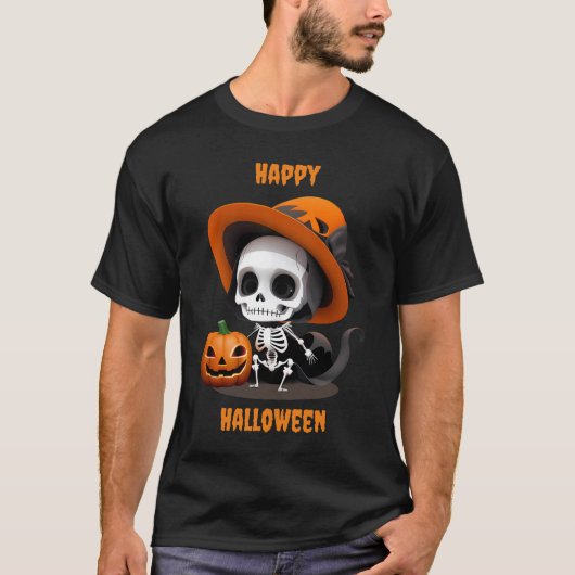 Happy Halloween Niedlich Kawaii Skeleton & Pumpkin T-Shirt (Vorderseite)