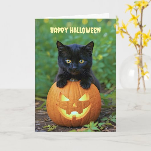 Happy Halloween Niedlich Little Black Kitten Karte (Gelbe Blume)