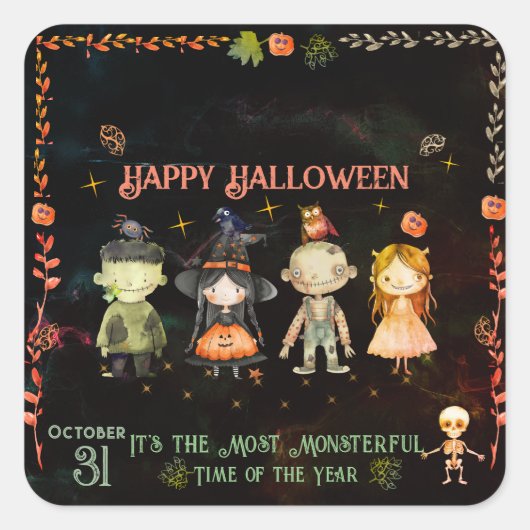 Happy Halloween Niedlich Monsters Party Quadratischer Aufkleber (Vorderseite)