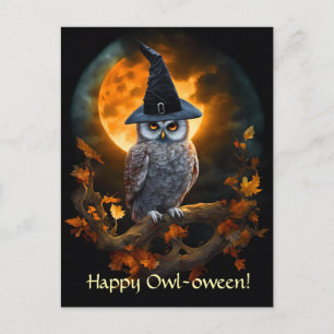 Happy Halloween Niedlich Owl Warlock Hat Feiertagspostkarte