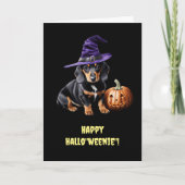 Happy Halloween Niedliche Dackel Welpe mit Grinsen Karte (Vorderseite)