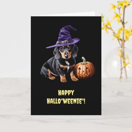 Happy Halloween Niedliche Dackel Welpe mit Grinsen Karte (Gelbe Blume)