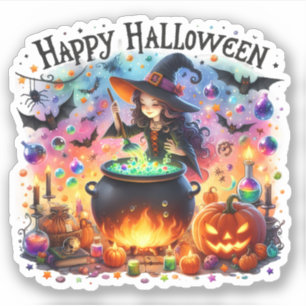 Happy Halloween - Niedliche Hexe, Magie und Fleder Aufkleber