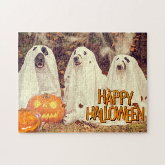Happy Halloween Niedliche Hunde in Geisterkostümen Puzzle (Horizontal)