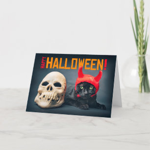 Happy Halloween Niedliche Katze in TeufelskKostüm Feiertagskarte