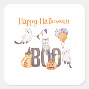 Happy Halloween NIEDLICHE KITTENS & BOO Quadratischer Aufkleber