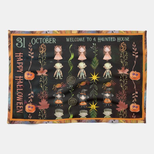 Happy Halloween Niedliche Monster und Hexe Geschirrtuch (Horizontal)