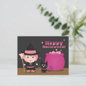 Happy Halloween, Niedliche Rosa Hexe und Schwarze  Postkarte (Stehend Vorderseite)