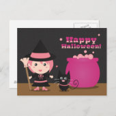 Happy Halloween, Niedliche Rosa Hexe und Schwarze  Postkarte (Vorne/Hinten)