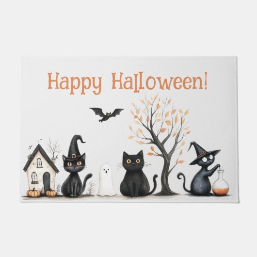 "Happy Halloween" Niedliche Schwarze Katzen Fußmatte (Vorderseite)
